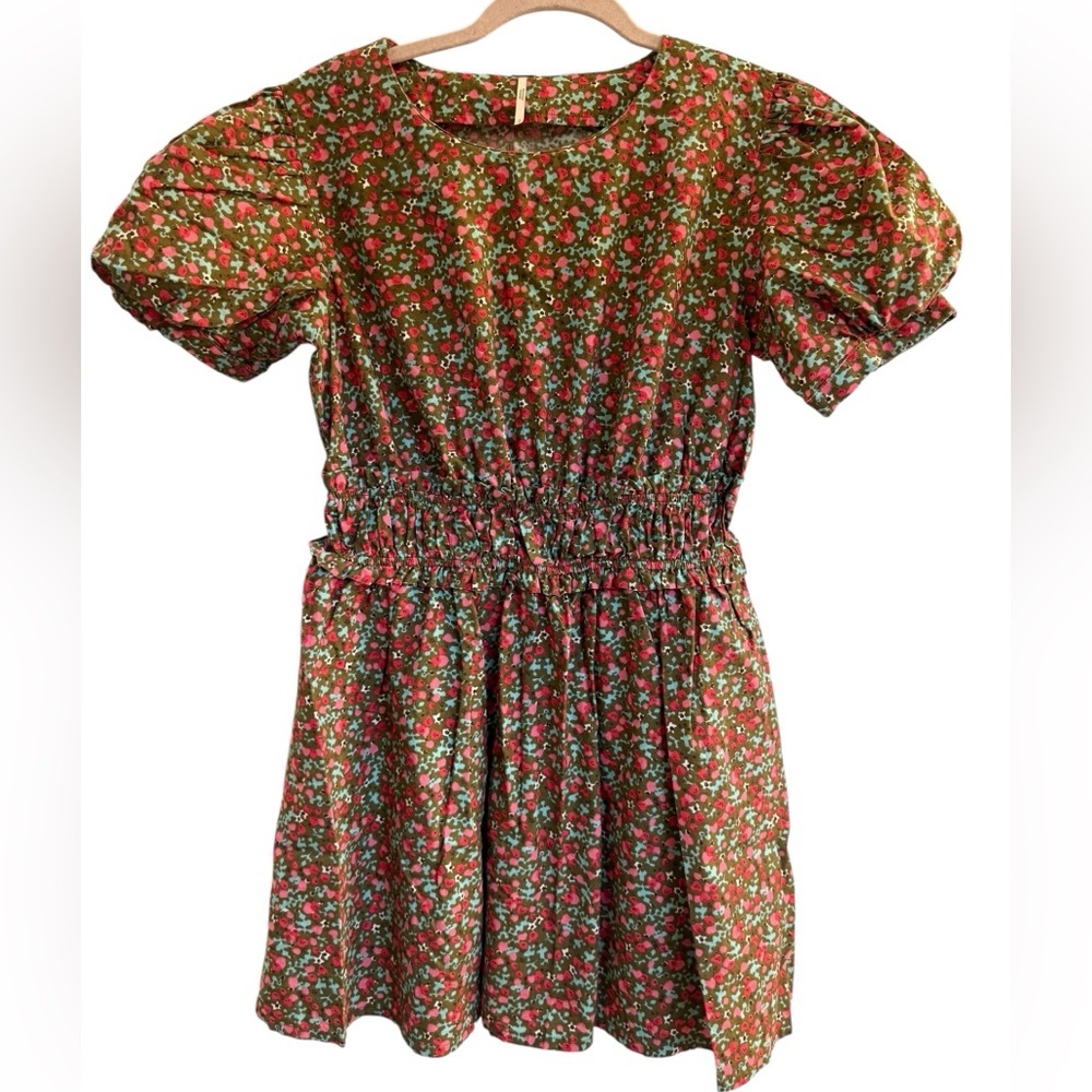 FREE PEOPLE Green Red Floral Pennie Puffed Sleeve Mini Dress Size Small S Womens - Picture 7 of 9